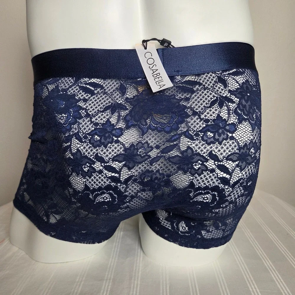 Cosabella Never Say Never Mens Lace Boxer Briefs Navy Blue Sheer Underwear